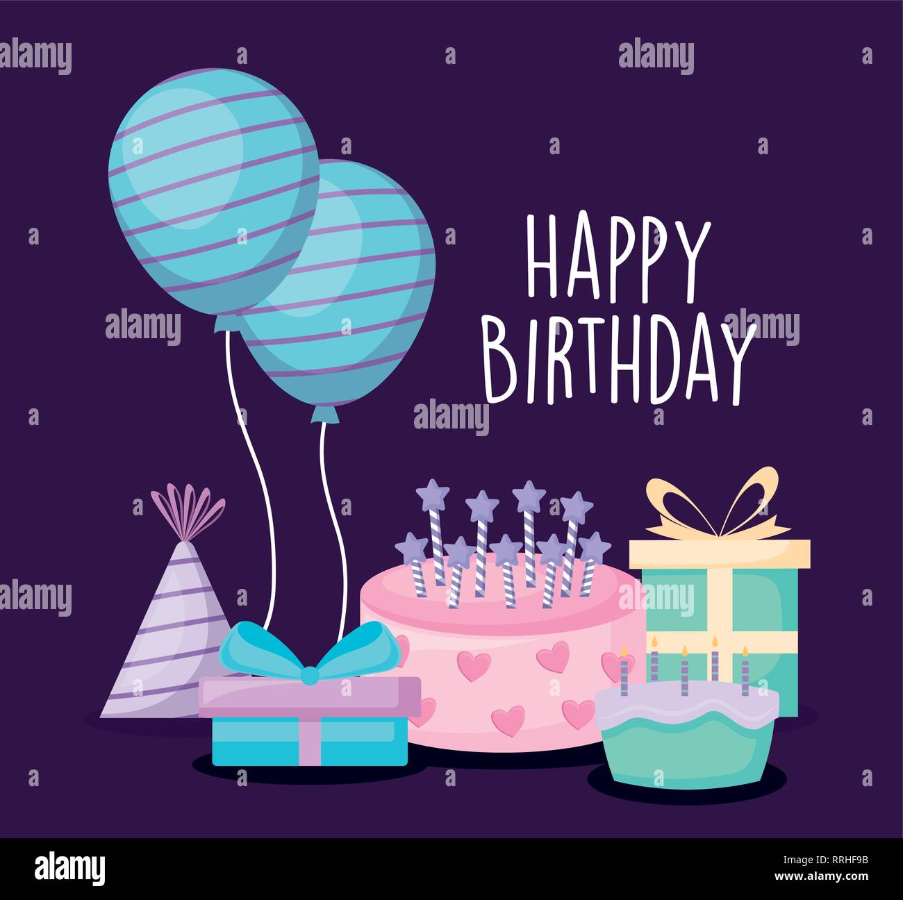 happy birthday card with sweet cake and set icons vector illustration ...