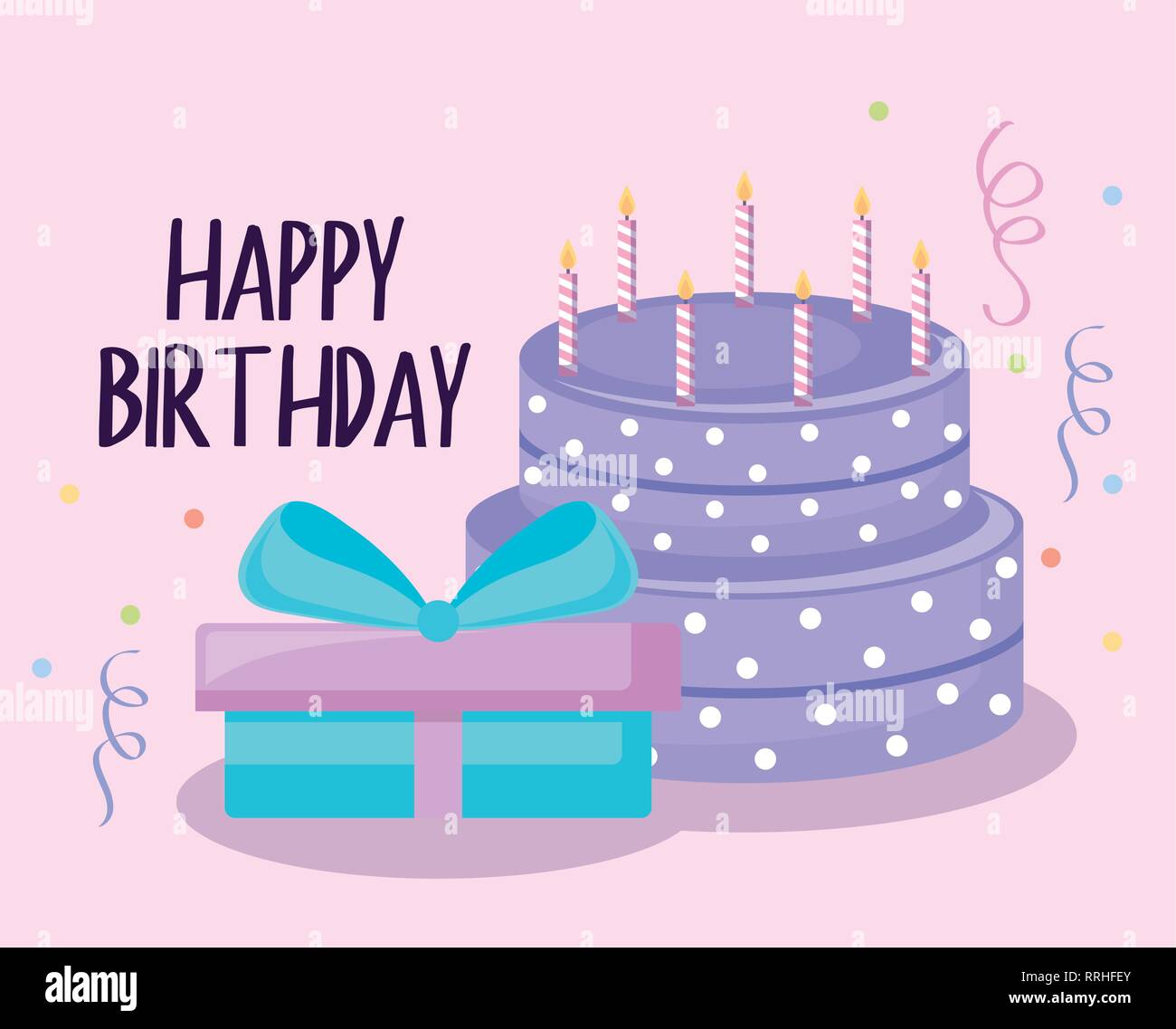 happy birthday card with sweet cake and gift box vector illustration ...