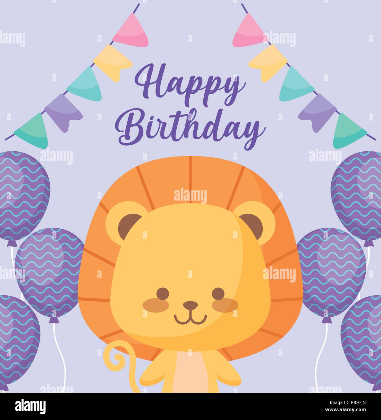 happy birthday card with cute lion vector illustration design Stock ...