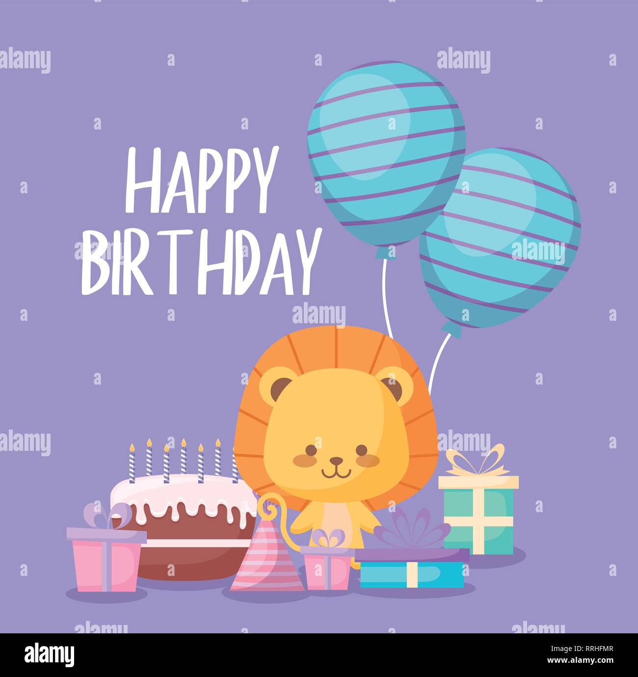 happy birthday card with cute lion vector illustration design Stock ...