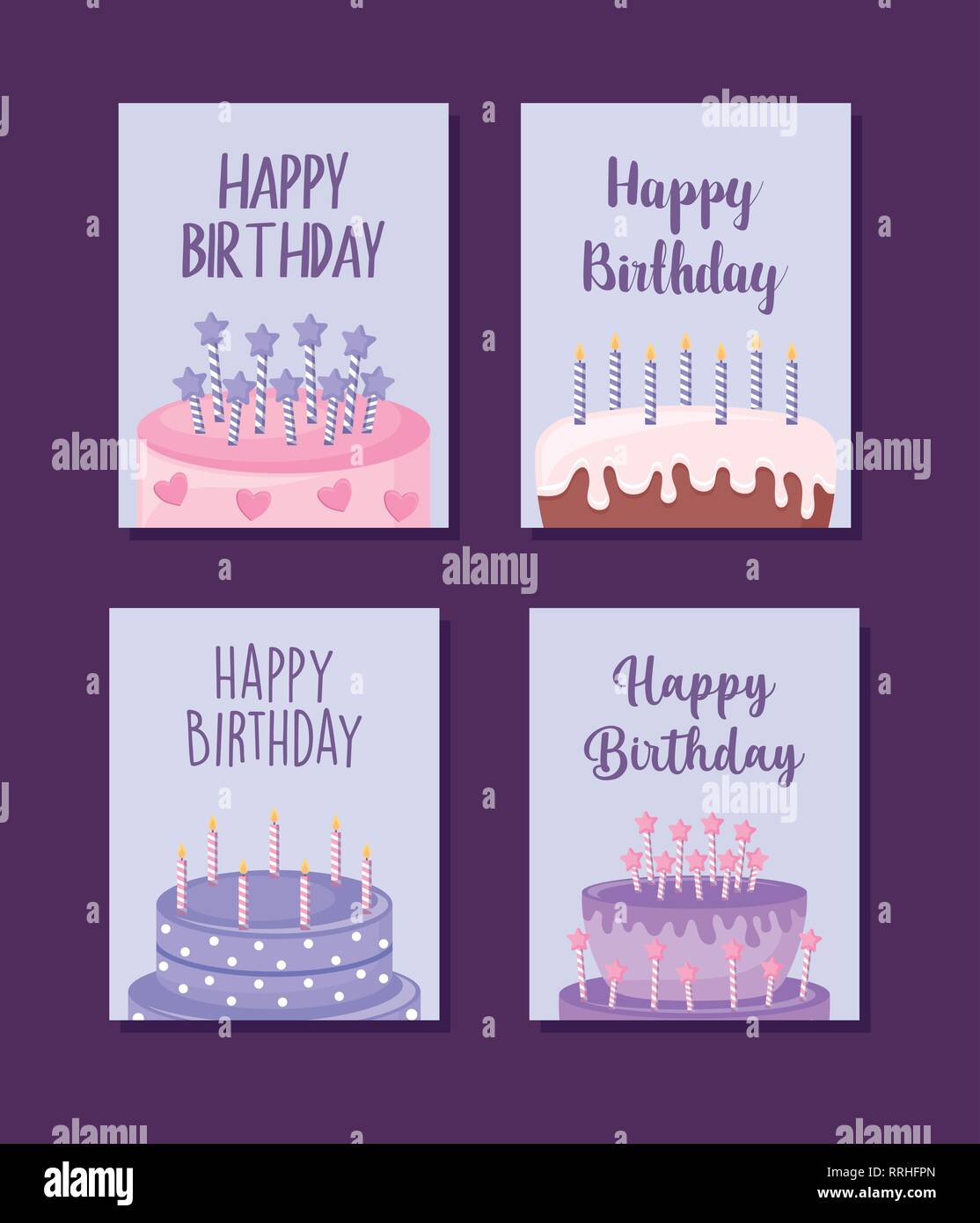 set happy birthday cards with sweet cake vector illustration design ...