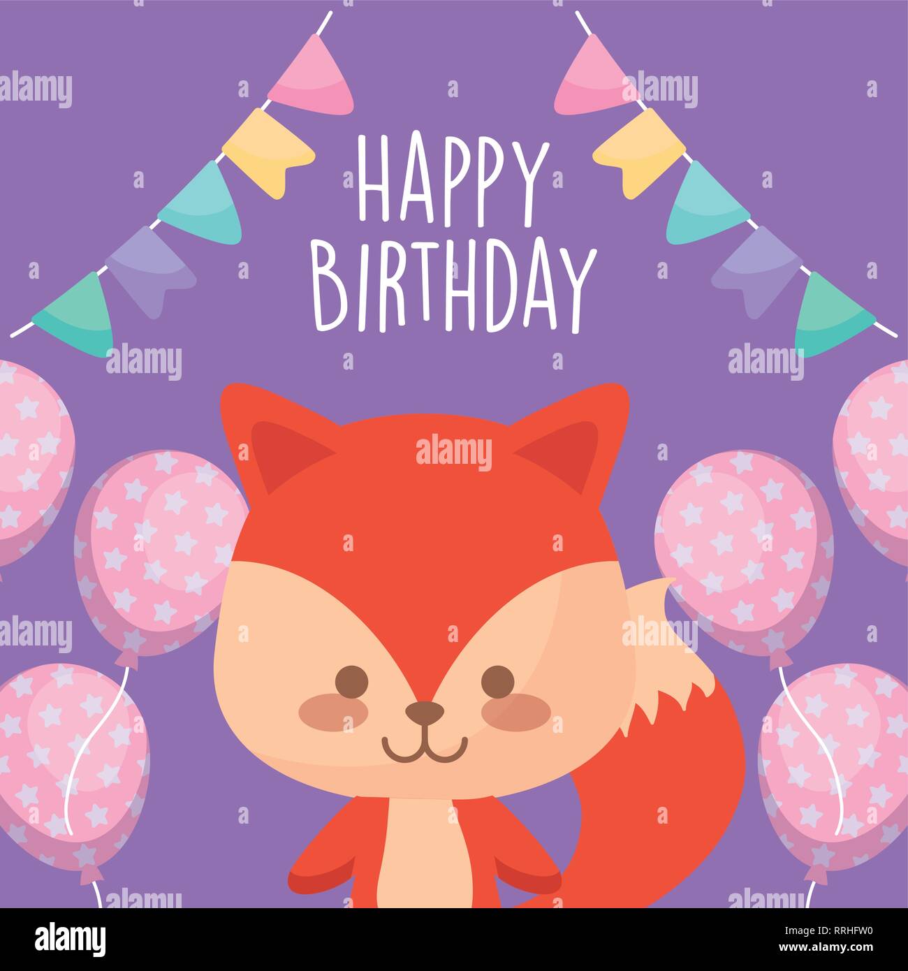 happy birthday card with cute fox vector illustration design Stock ...
