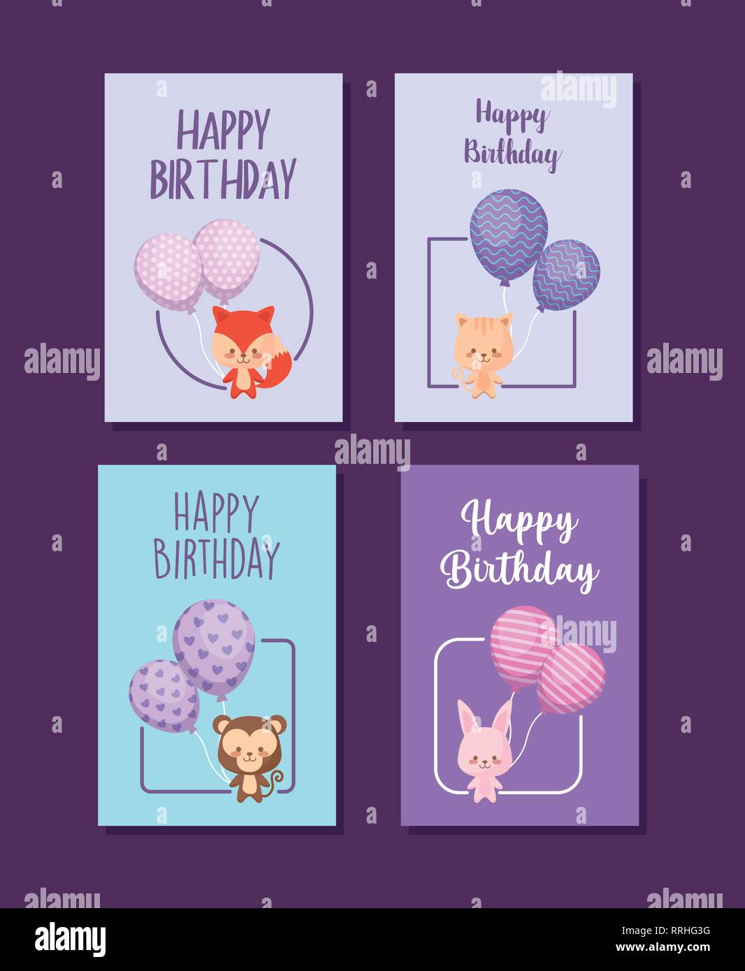 set of happy birthday cards with cute animals vector illustration