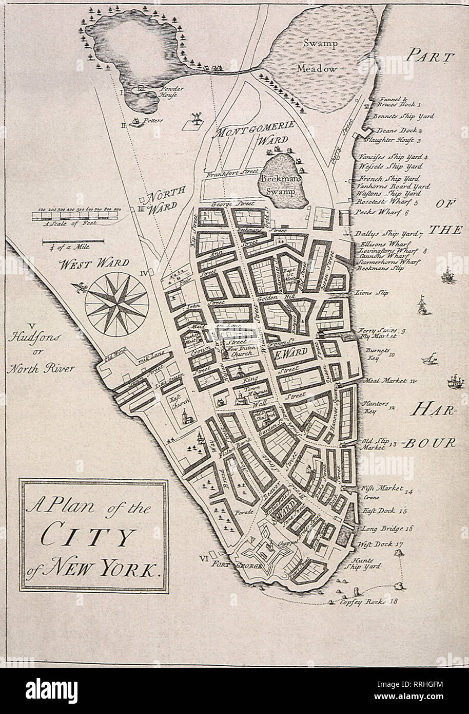 Plan of New York City  about 1740. Stock Photo