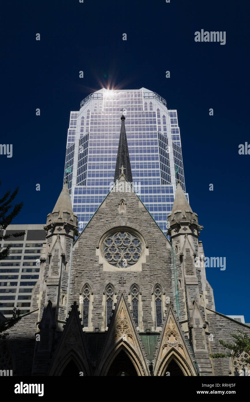 Christ Church Cathedral and Promenades de la Cathedrale office tower, Montreal, Quebec, Canada Stock Photo