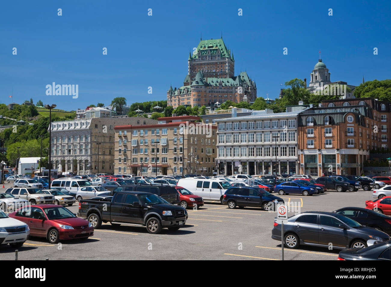 Parking Lot in Lower Town area of Old Quebec City with old buildings along Boulevard Champlain