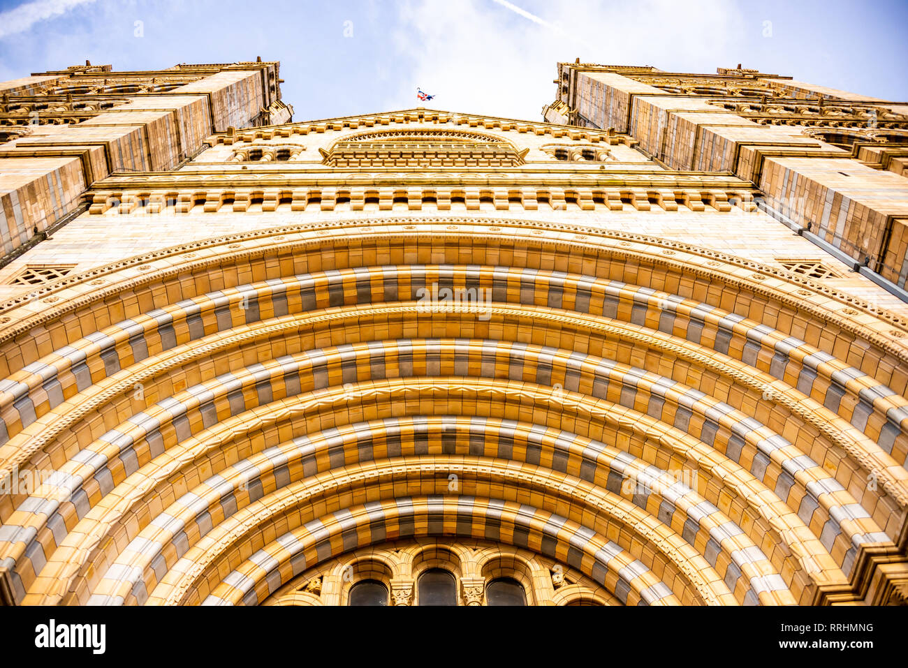 Upwards view of British Natural History Museum entrance in London. Stock Photo