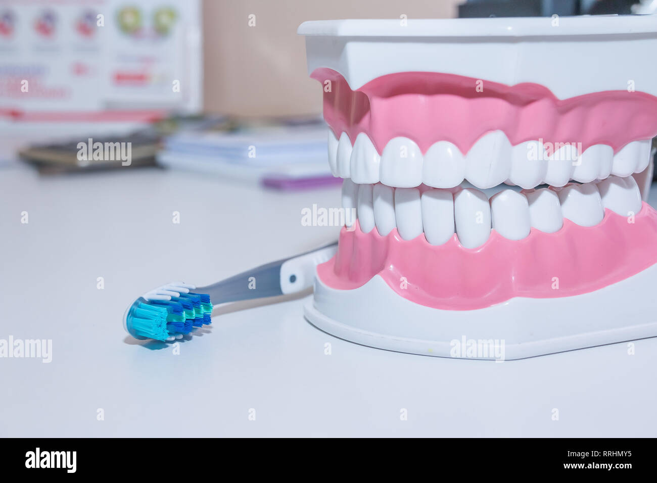 teeth model and dental tool on white background.Healthy care concept