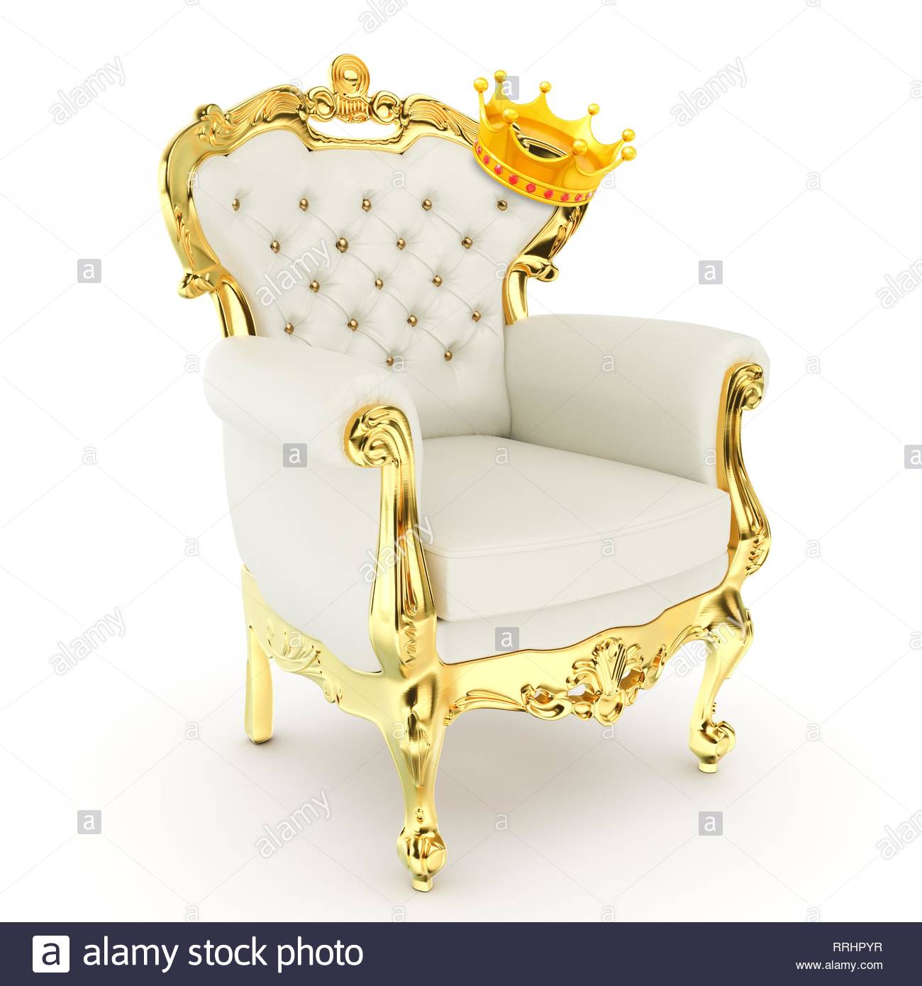 3d king's throne royal chair with golden crown on white