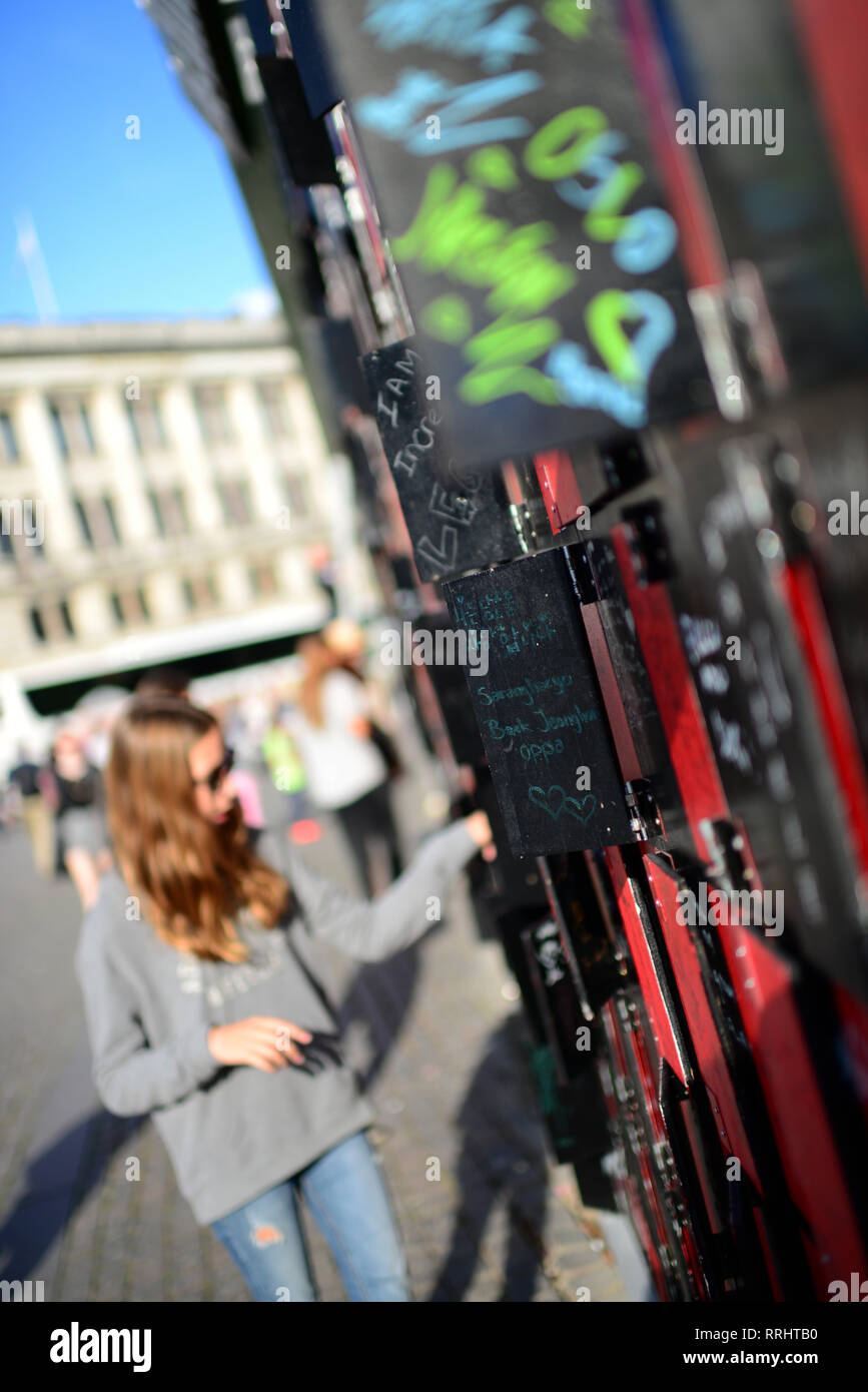 Happy Wall, created by Thomas Dambo, is an analog interactive pixel sculpture made out of the remnants of Tuborg’s cinema tribune at  Roskilde Festiva Stock Photo