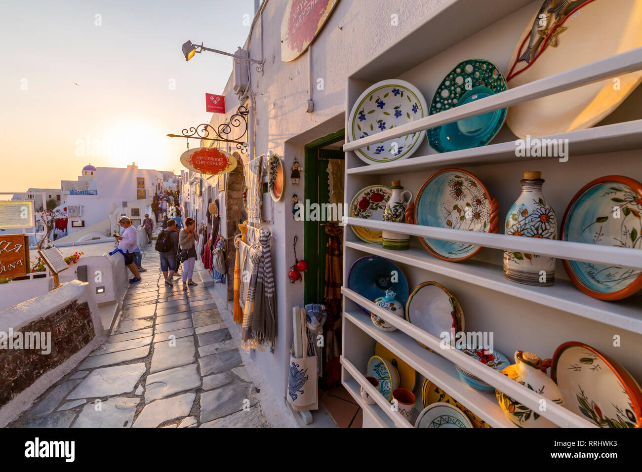 Shops selling souvenirs at Oia at sunset, Santorini, Cyclades, Aegean Islands, Greek Islands, Greece, Europe Stock Photo