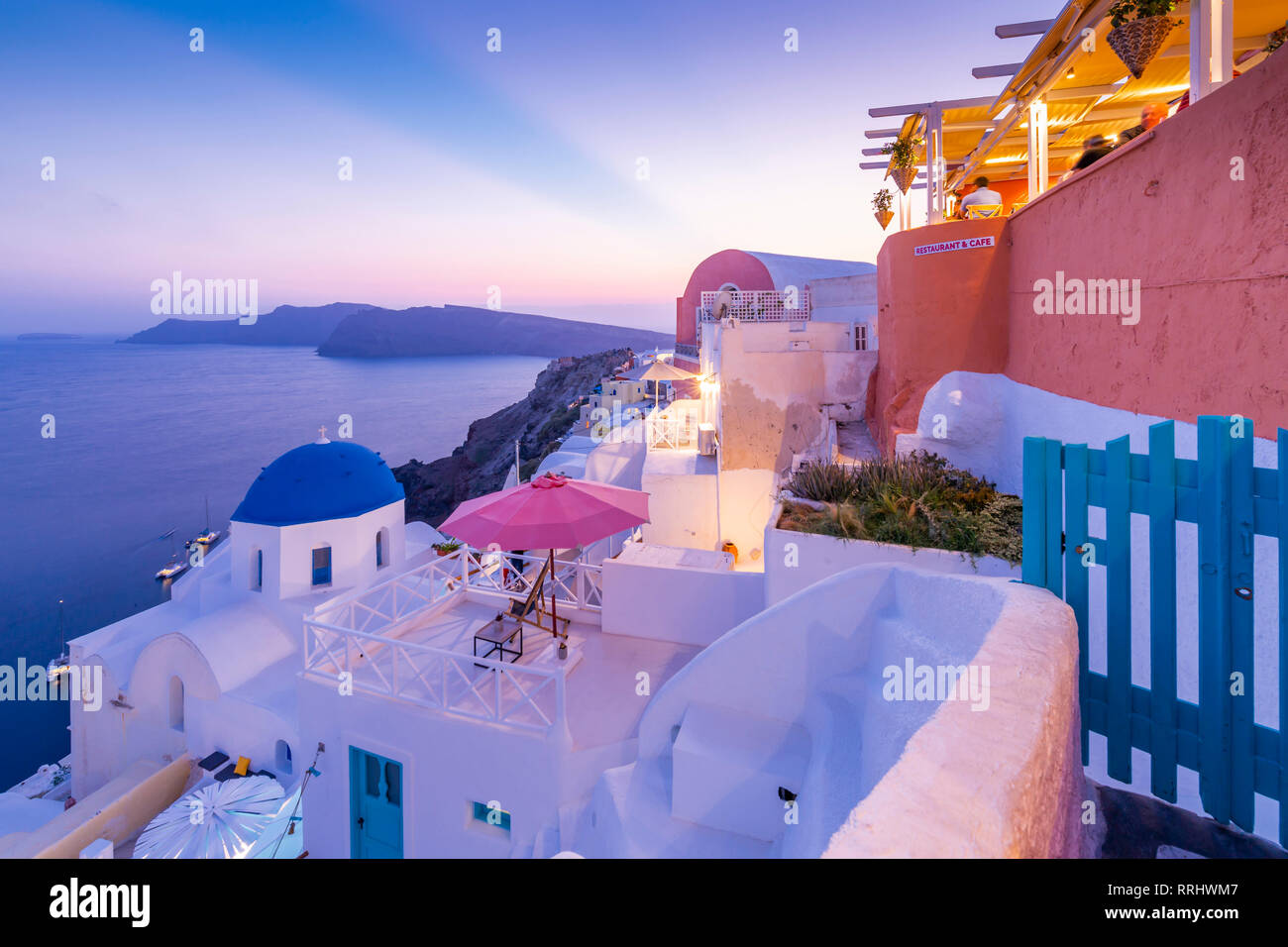 View of Oia village at dusk, Santorini, Cyclades, Aegean Islands, Greek Islands, Greece, Europe Stock Photo