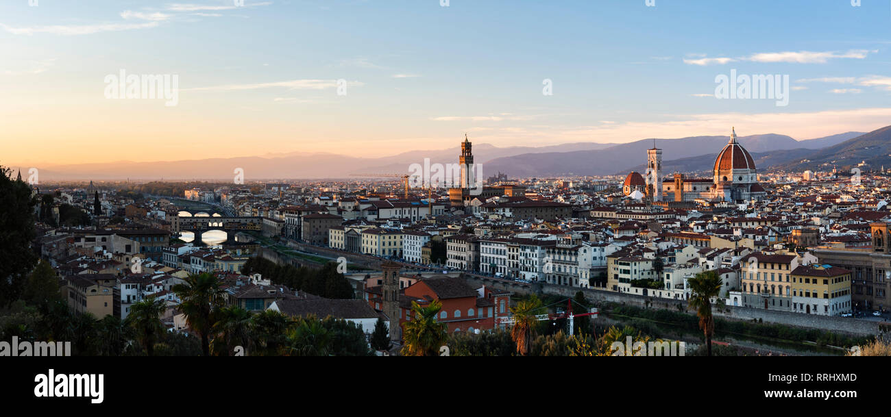 View over Florence at sunset, seen from Piazzale Michelangelo Hill, Florence, Tuscany, Italy, Europe Stock Photo