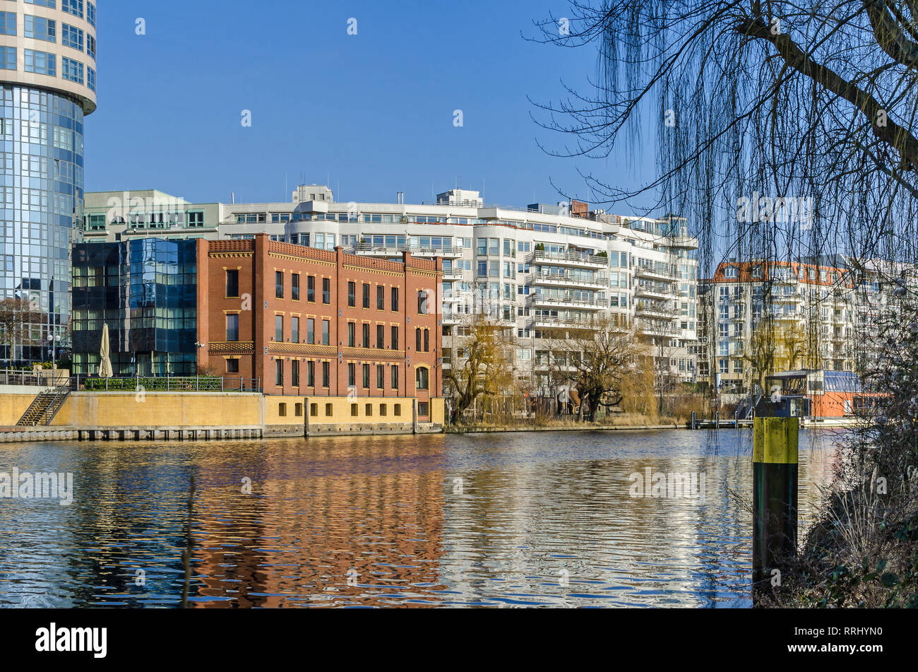 Berlin, Germany - February 14, 2019: Banks of the river Spree, the new designed area Spree-Bogen with the building of the Ernst-Freiberger foundation Stock Photo