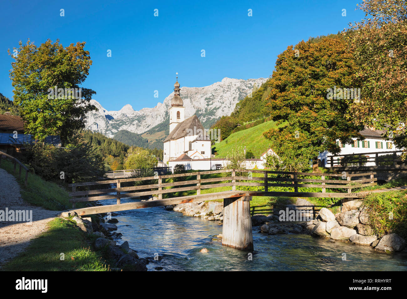 Parish Church, Reiteralpe Mountain, Ramsauer Ache River, Ramsau, Berchtesgadener Land, Upper Bavaria, Bavaria, Germany, Europe Stock Photo