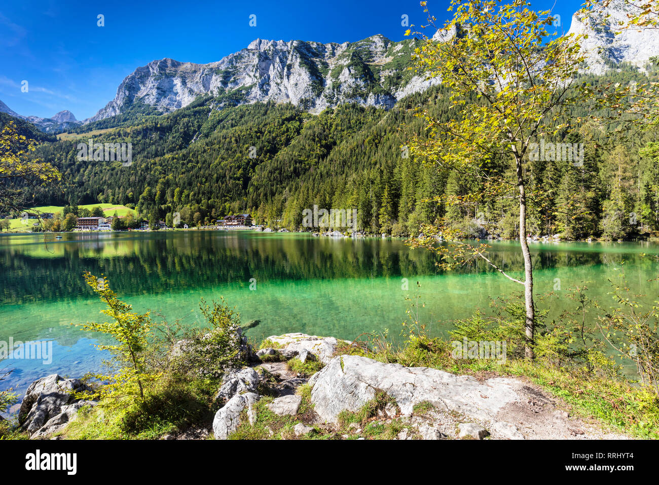 Hintersee Lake, Reiteralpe Mountain, Ramsau, Berchtesgadener Land, Berchtesgaden National Park, Upper Bavaria, Bavaria, Germany, Europe Stock Photo