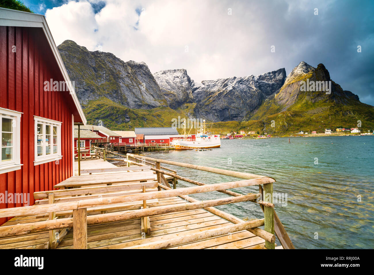 Harbor and typical rorbu, Reine, Nordland, Lofoten Islands, Norway, Europe Stock Photo