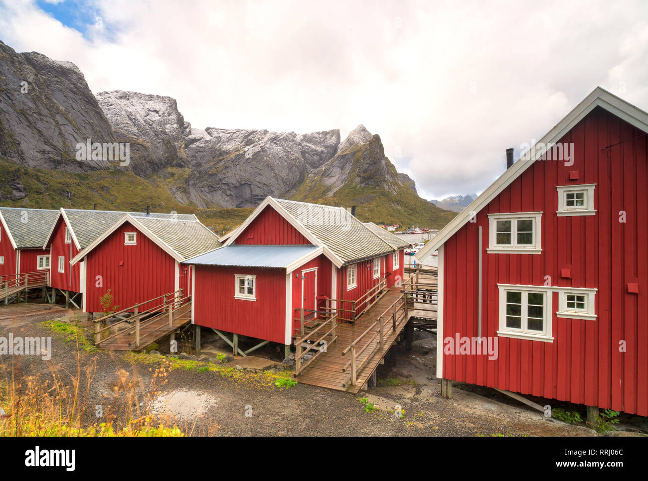 Iconic red fishermen's cabins (Rorbu), Reine, Nordland, Lofoten Islands, Norway, Europe Stock Photo