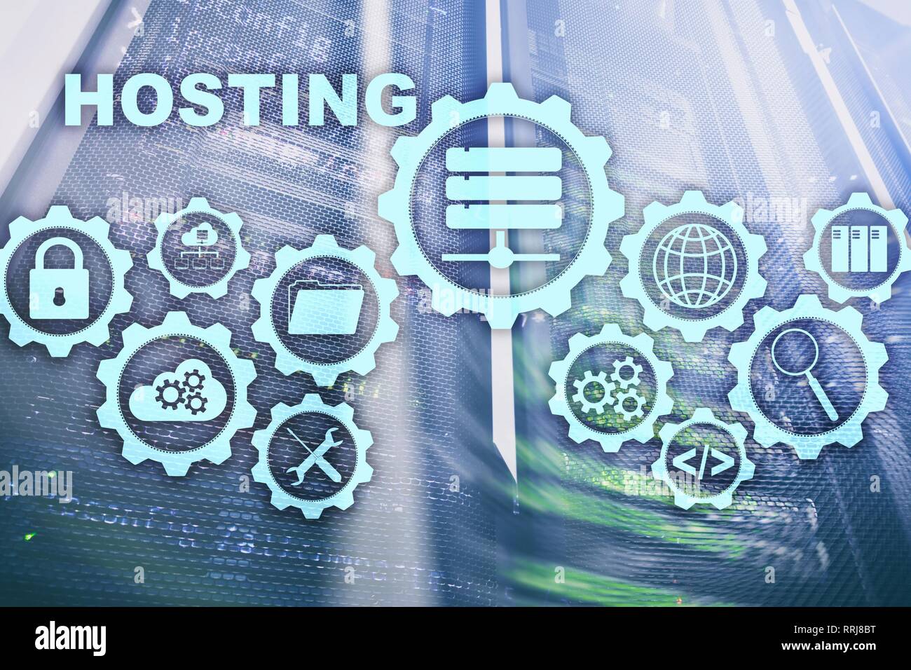 Web Hosting Technology Internet and Networking Concept. On Server room background. Virual screen. Stock Photo