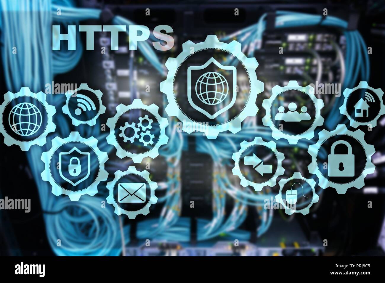 HTTPS. Hypertext Transport Protocol Secure. Technology Concept on Server Room Background. Virtual Icon for network security web service. Stock Photo