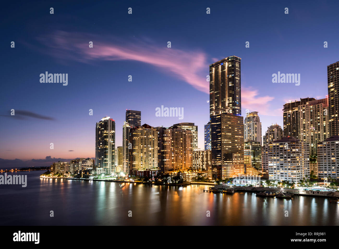 Brickell Key and Downtown Miami skyline at night, Florida, United States of America, North America Stock Photo