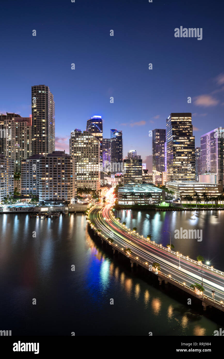 Brickell Key and Downtown Miami skyline at night, Florida, United States of America, North America Stock Photo