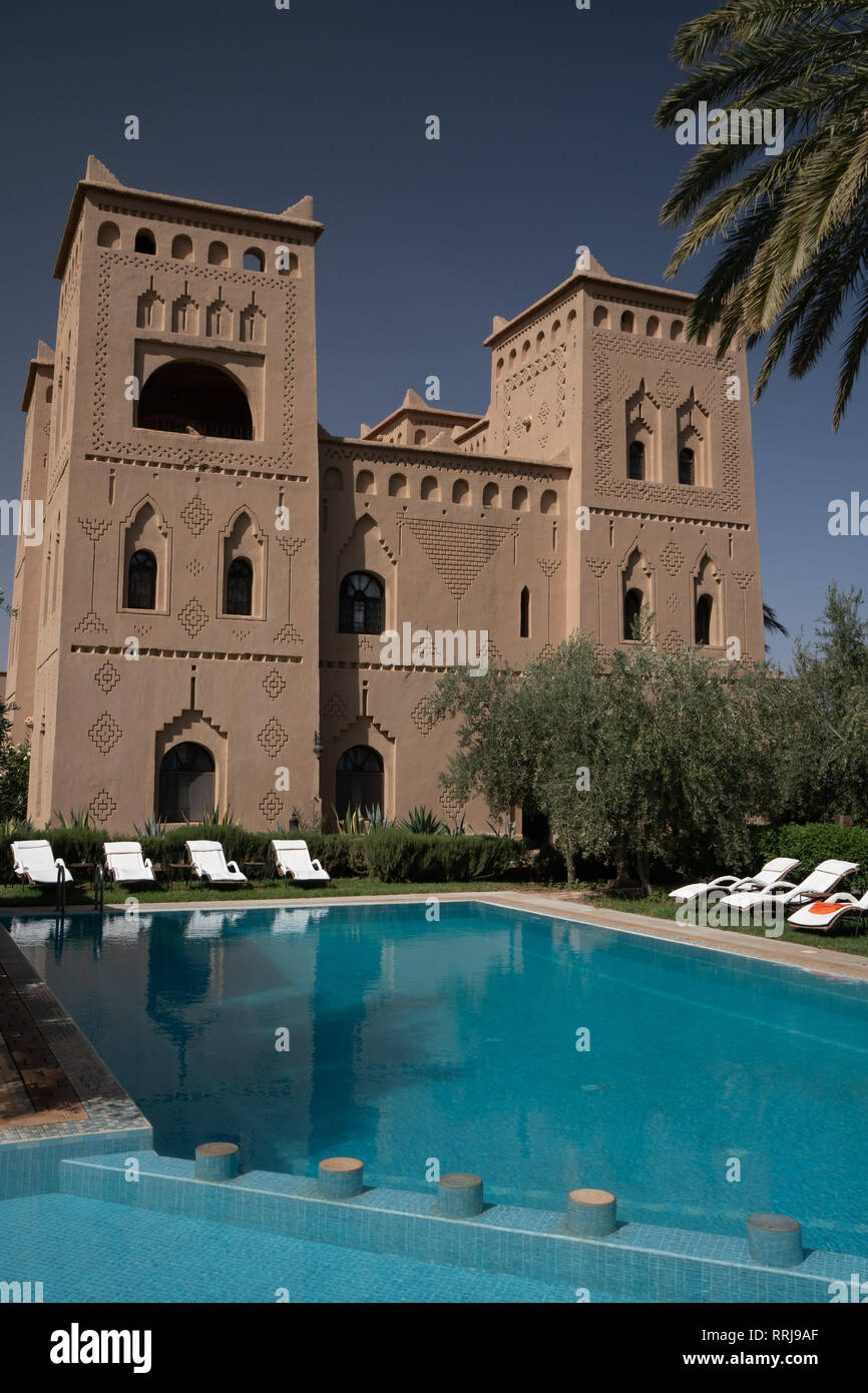 Swimming pool at Ksar El Kabbaba, former kasbah (grand fortified house), now a hotel, Skoura, Morocco, North Africa, Africa Stock Photo
