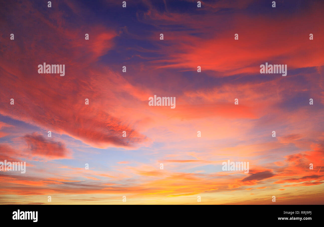 Red, sunset, sky, skies, cloud, clouds, colours, colourful., orange, pink, blue, weather, cloud formation, formations Stock Photo