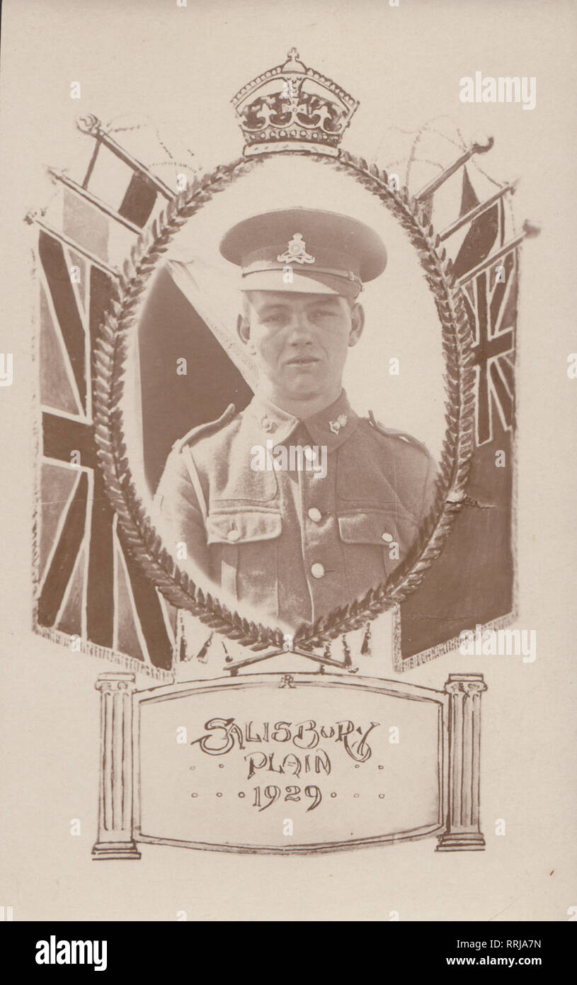 Vintage Patriotic Photographic Postcard of a Young British Soldier From The Royal Artillery. Salisbury Plain, 1929. Stock Photo