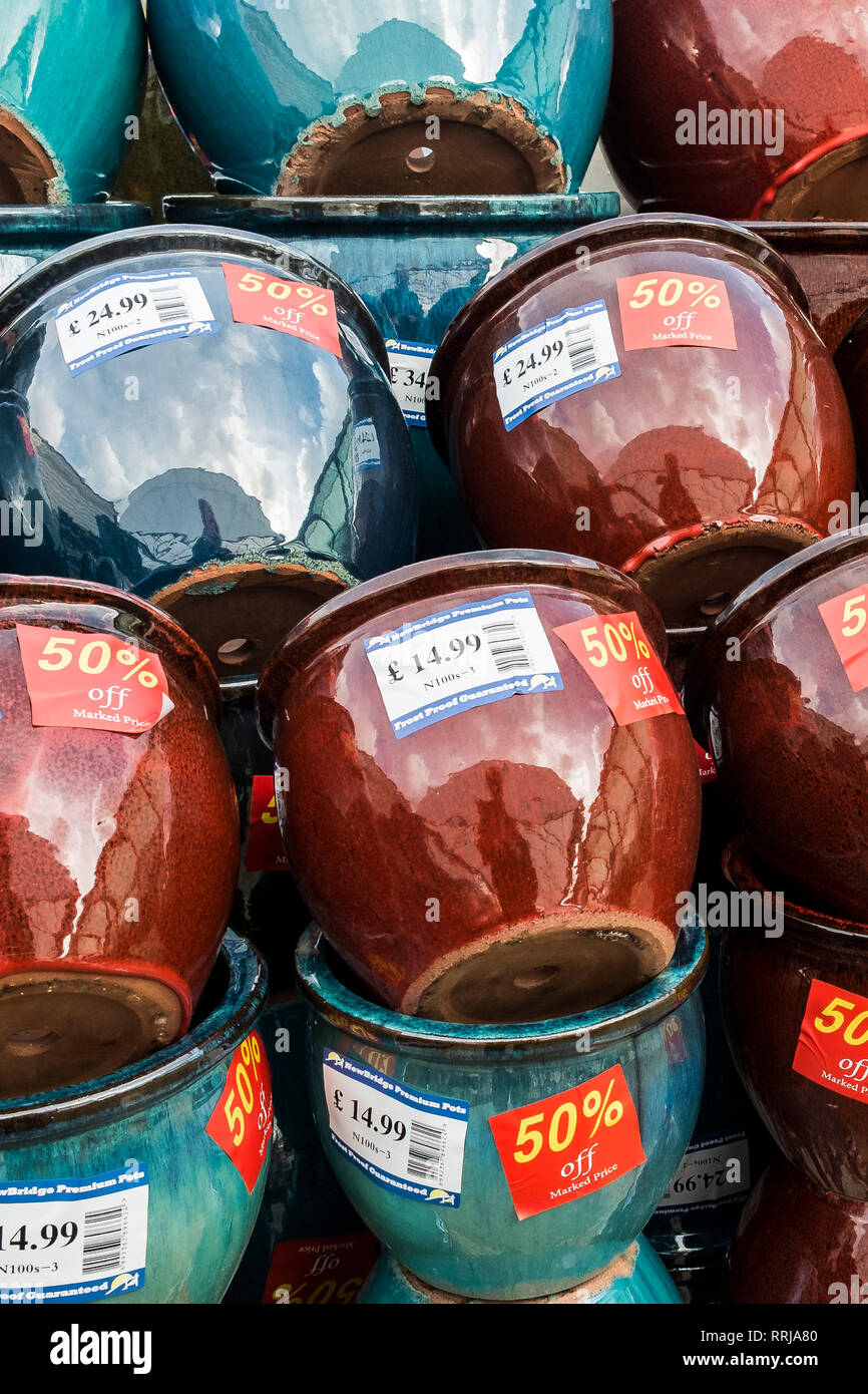 Ceramic pots on sale in a garden centre Stock Photo Alamy