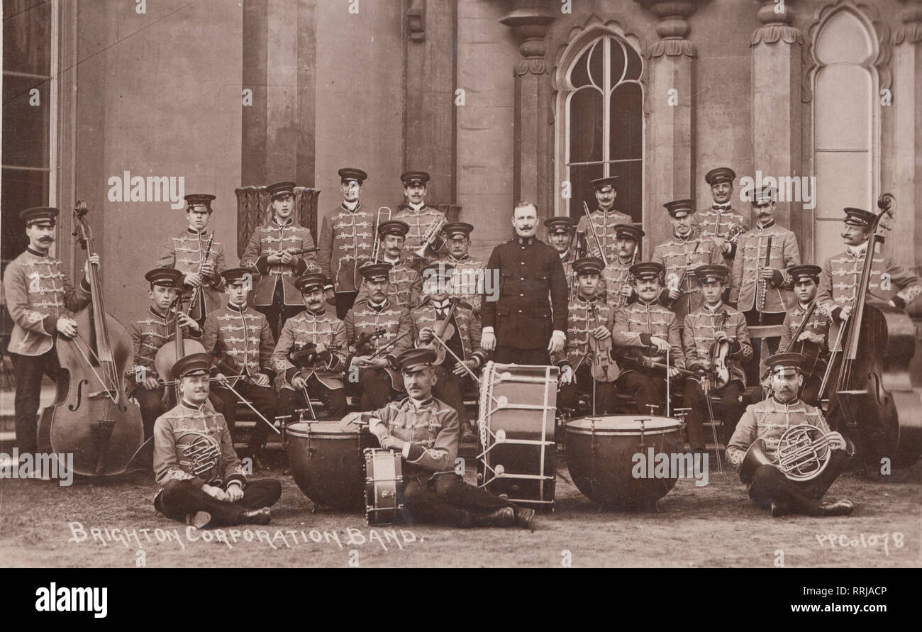Vintage 1908 Edwardian Photographic Postcard Showing The Brighton Corporation Band, Sussex, England. Stock Photo
