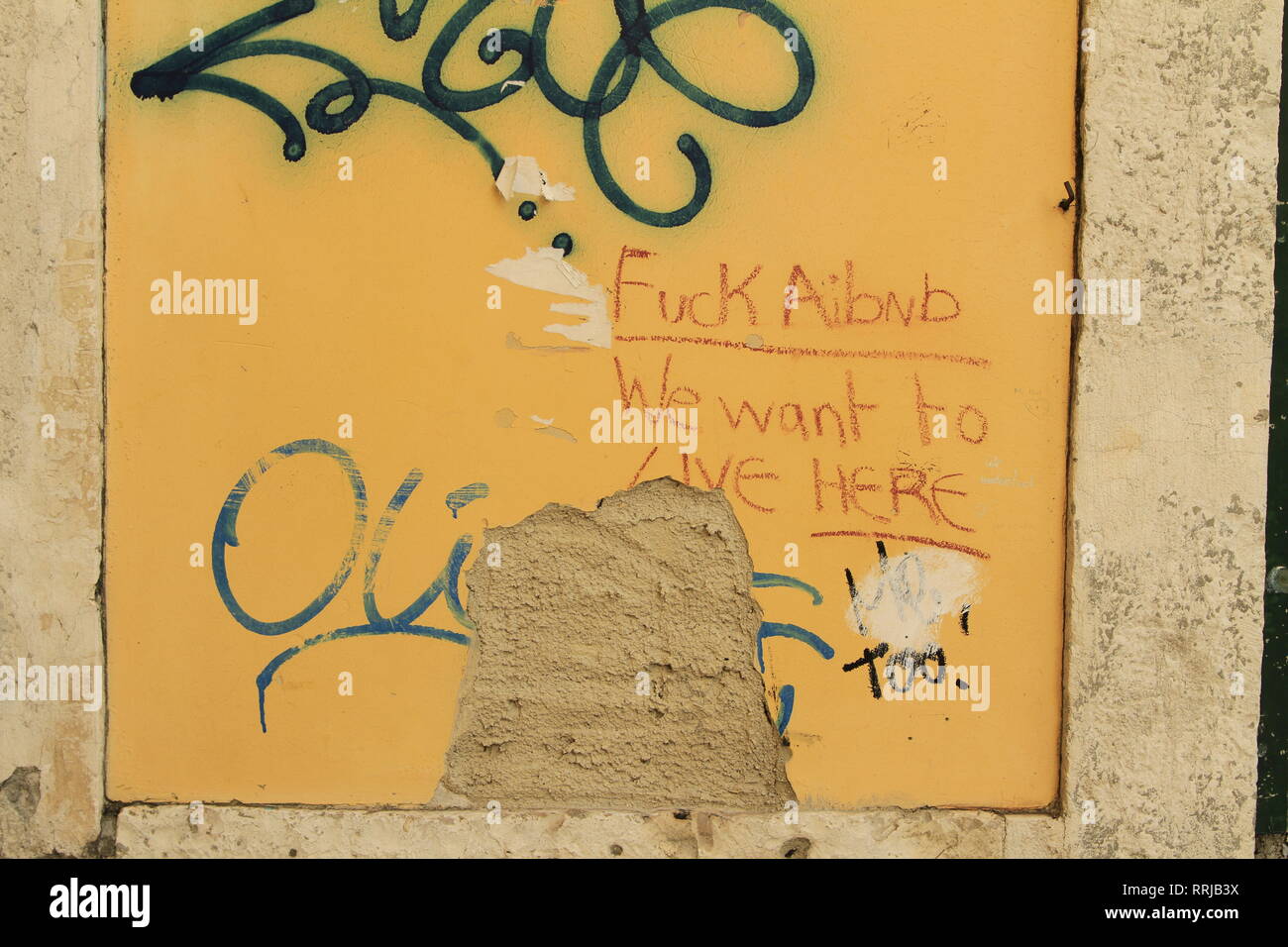 One local's sentiment in the Alfama District in regards to AirBnB and being displaced, Lisbon, Portugal Stock Photo