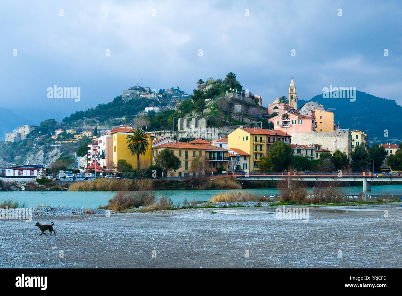 A view of the old town of Ventimiglia, Liguria, Italy, and the Roia River. Stock Photo