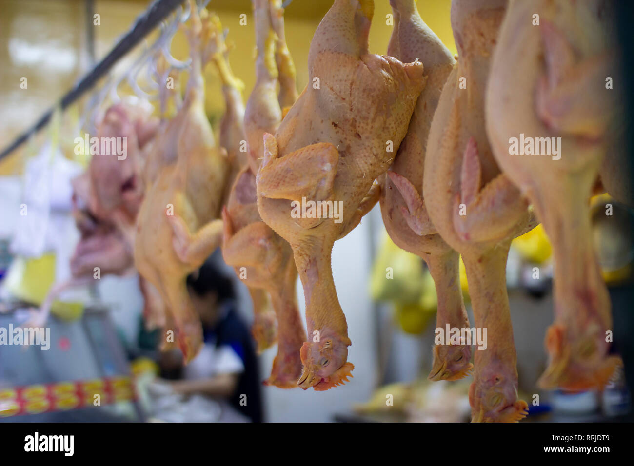 Plucked chickens hanging upside down at Barranco's market in Lima, Perú Stock Photo