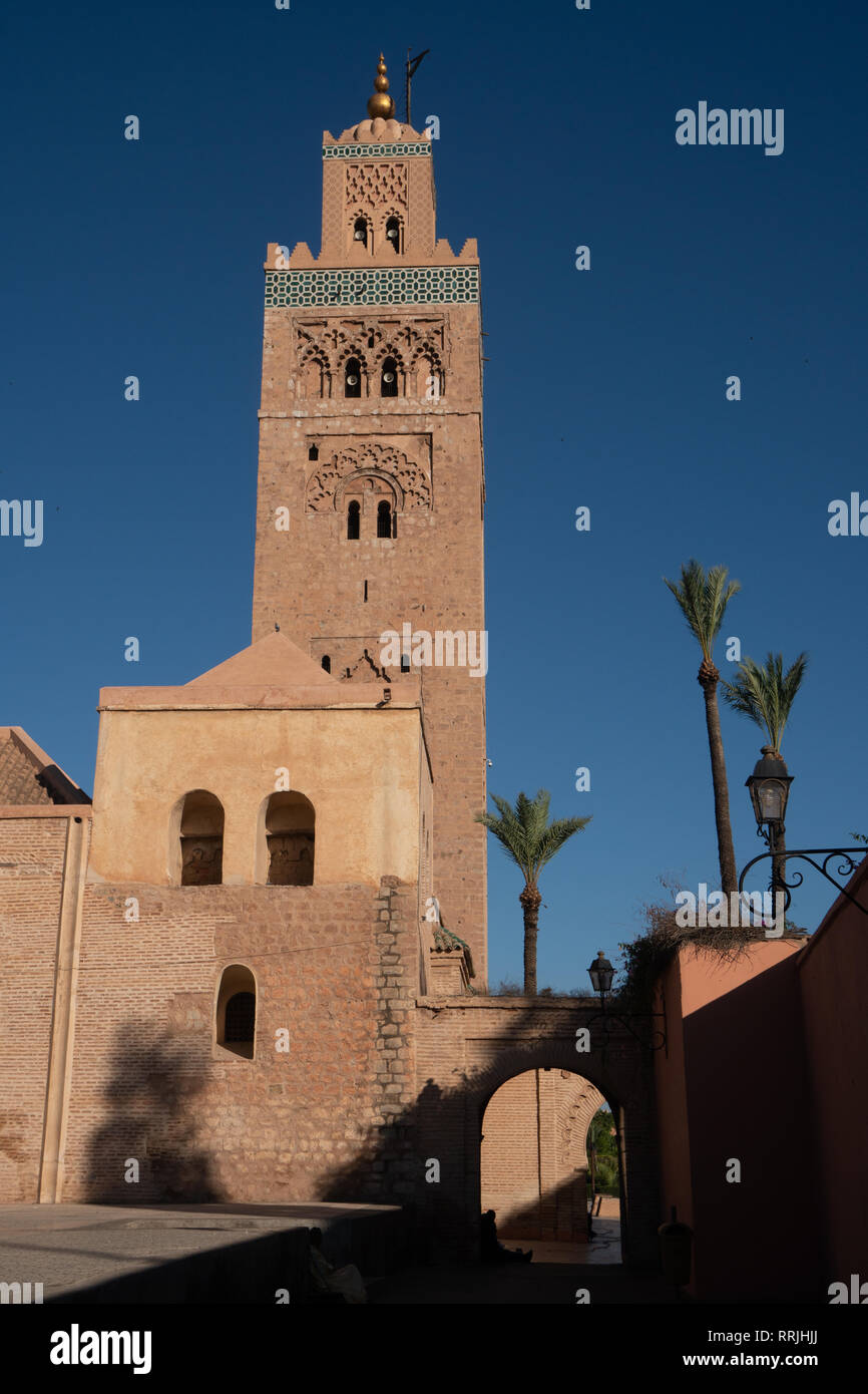 Minaret of the landmark Koutoubia Mosque, against an azure blue sky, Medina of Marrakesh, UNESCO World Heritage Site, Morocco, North Africa, Africa Stock Photo