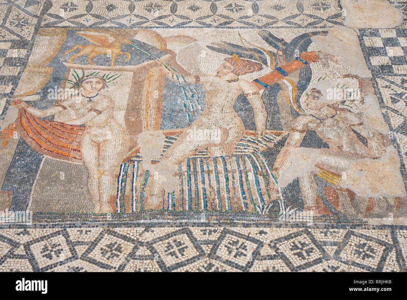 Mosaic of Diana and the bathing Nymphs from the Roman ruins, Volubilis, UNESCO World Heritage Site, near Meknes, Morocco, North Africa, Africa Stock Photo