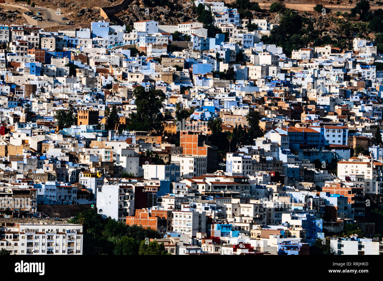 Close-up aerial cityscape of Chefchaouen, known as the Blue City, set in the Rif Mountains, Morocco, North Africa, Africa Stock Photo