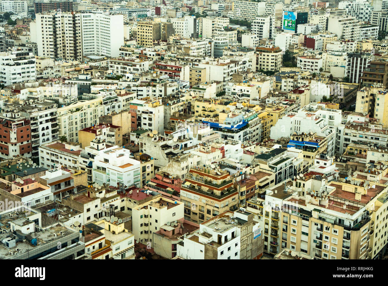 Aerial cityscape, patterned abstract of numerous white and yellow modern buildings, Casablanca, Morocco, North Africa, Africa Stock Photo
