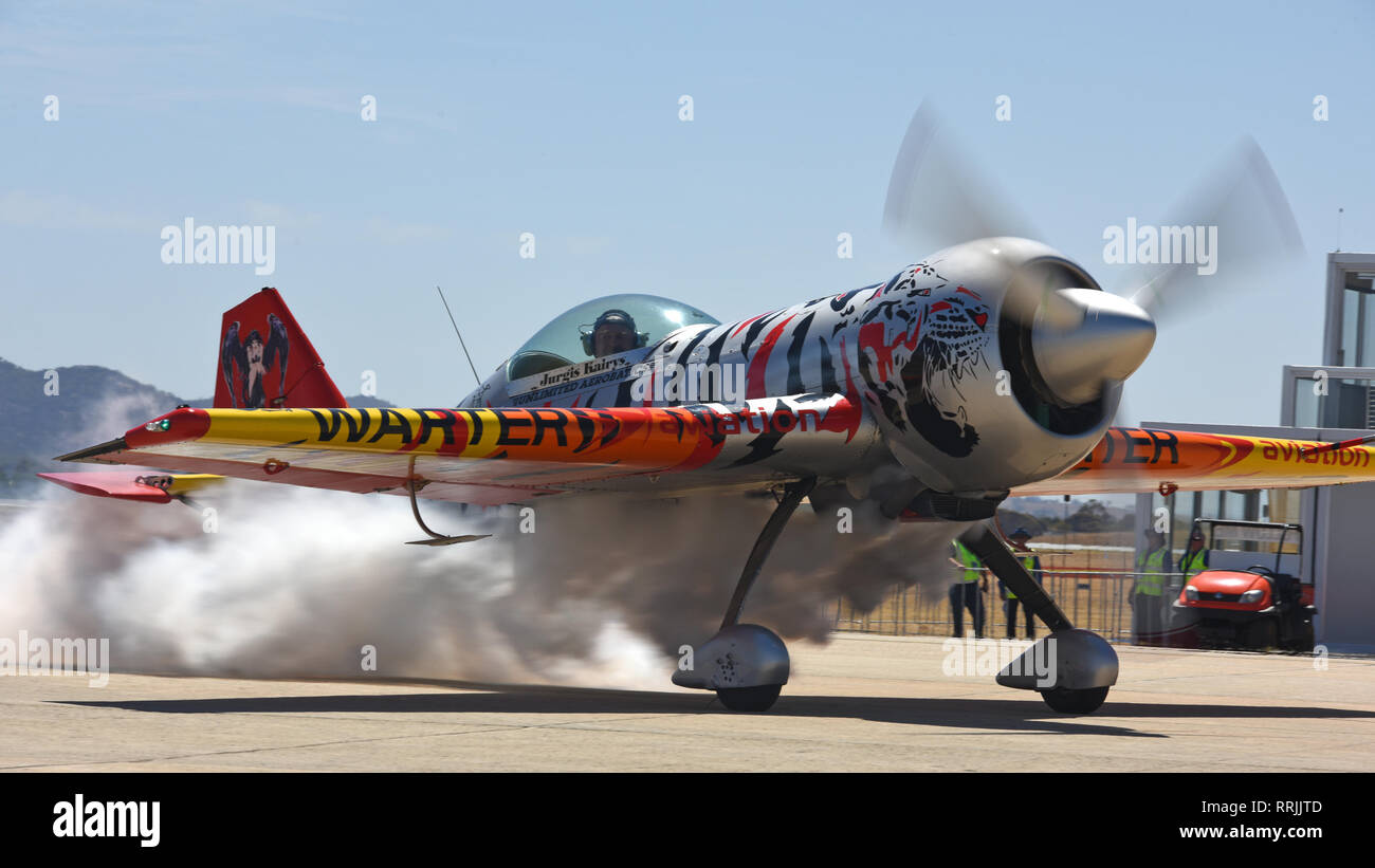 Jurgis Kairys, lead pilot for the Air Bandits aerial demonstration team, taxis down the Avalon Airport runway after a flight at Geelong, Victoria, Australia, Feb. 25, 2019. The Air Bandits consist of two Yak-52TW aircraft and Kairys’ one-of-a-kind aircraft named Juka. (U.S. Air Force photo by Staff Sgt. Sergio A. Gamboa) Stock Photo