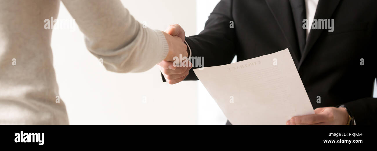 Interview Horizontal Horizontal closeup view businesspeople shaking hand starting job ...