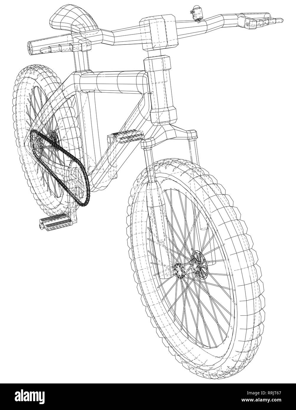 Bicycle. Created illustration of 3d. Wire-frame style. The layers of visible and invisible lines are separated. Stock Vector