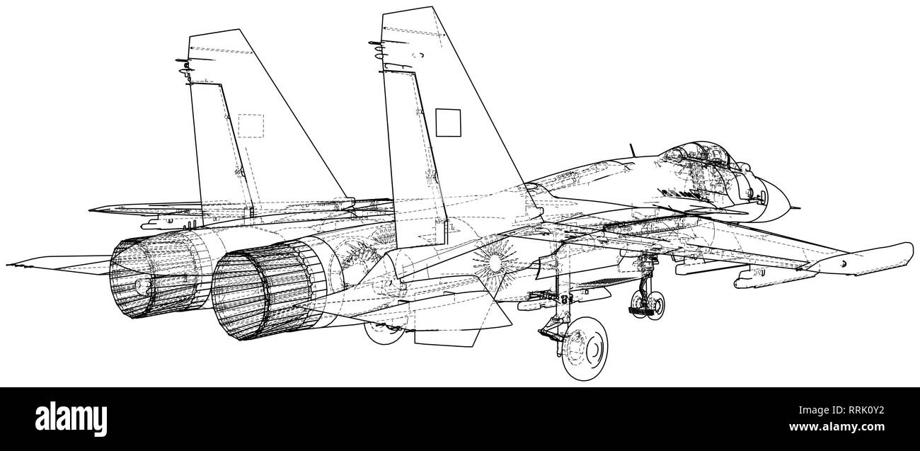 Fighter jet. Vector wireframe concept. Created illustration of 3d Stock Vector