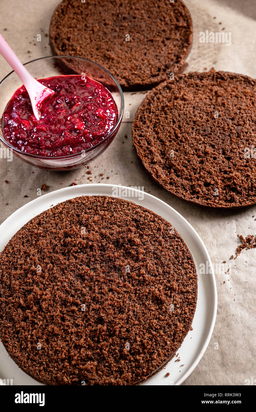 Steps in making chocolate cake. Biscuit layers on paper and cherry