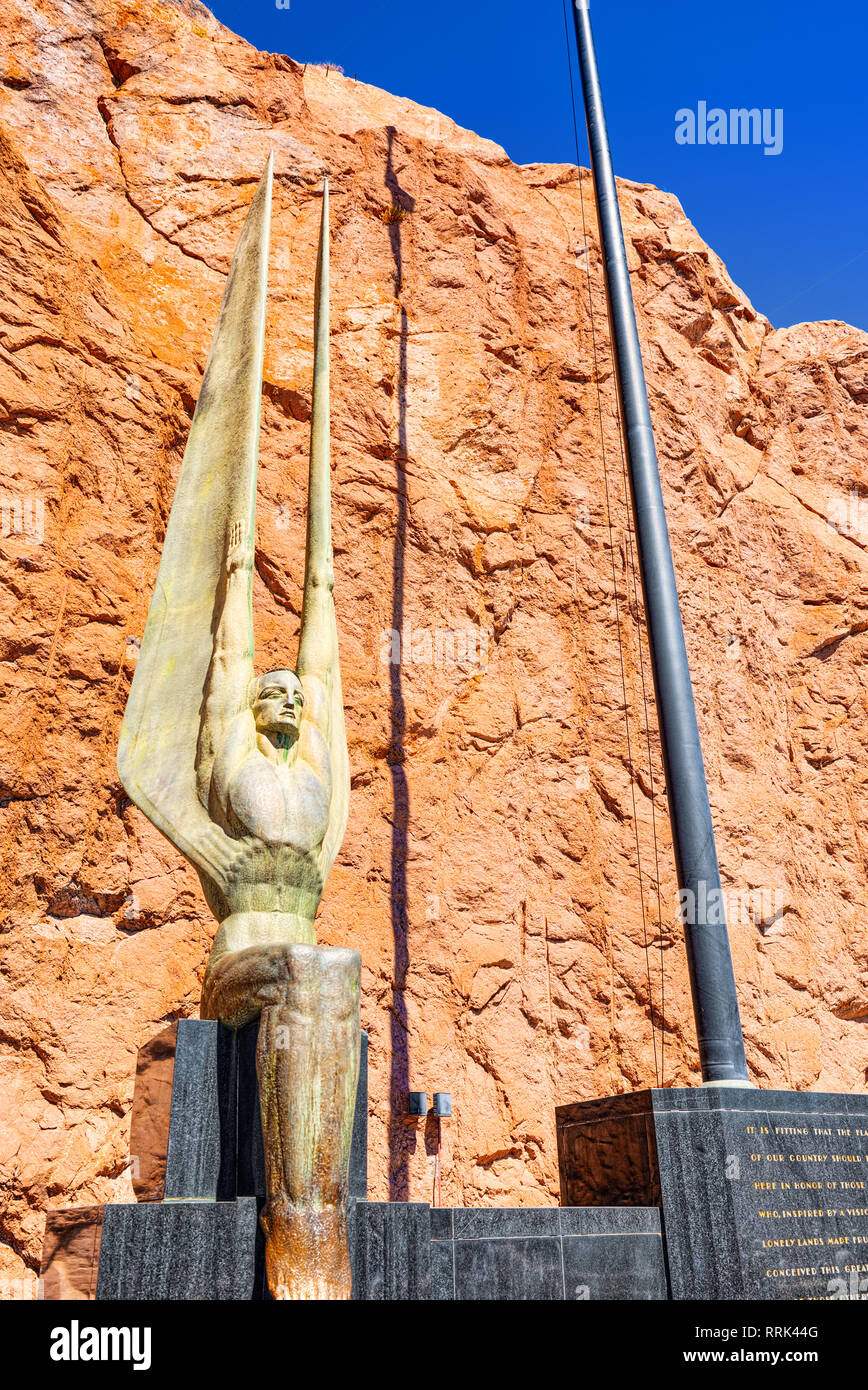 Famous and amazing Hoover Dam at Lake Mead, statue of flag, USA. Stock Photo