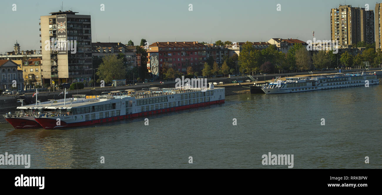 NOVI SAD, SERBIA - September 21th 2018 - View at Danube and City of Novi Sad pier with boats Stock Photo