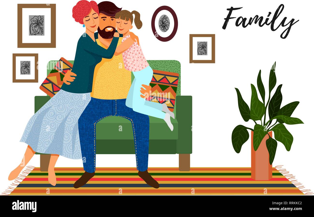 Family day. Cute flat cartoon father, mother and daughter on the sofa in the interior isolated on a white background with text. Horizontal Vector illu Stock Vector