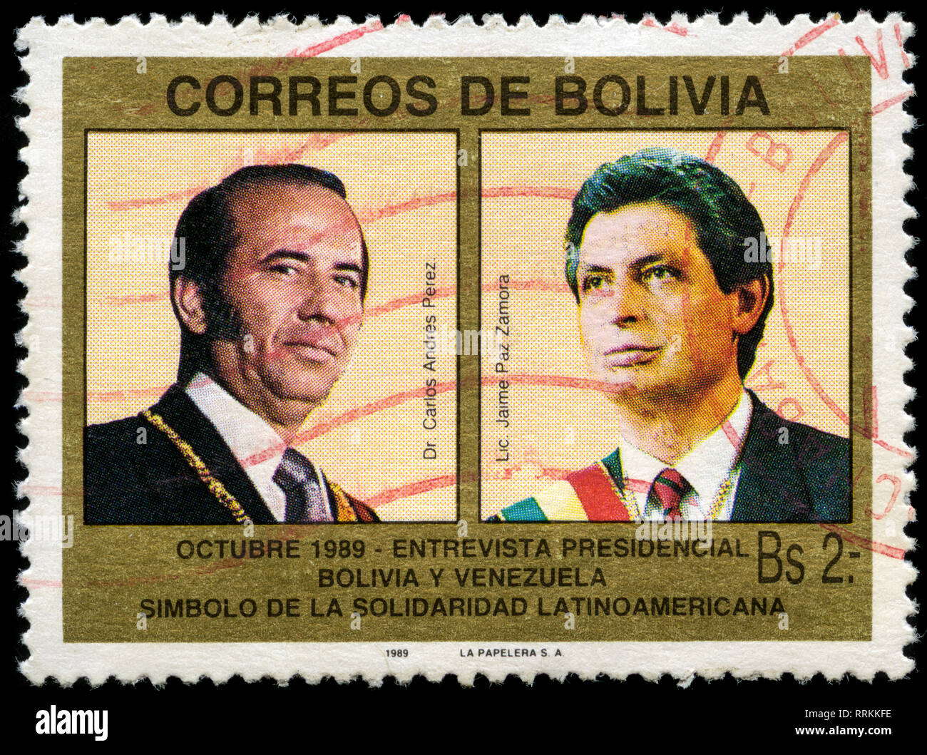 Postage stamp from Bolivia in the Meeting of the Presidents of Bolivia and Venezuela series issued in 1989 Stock Photo