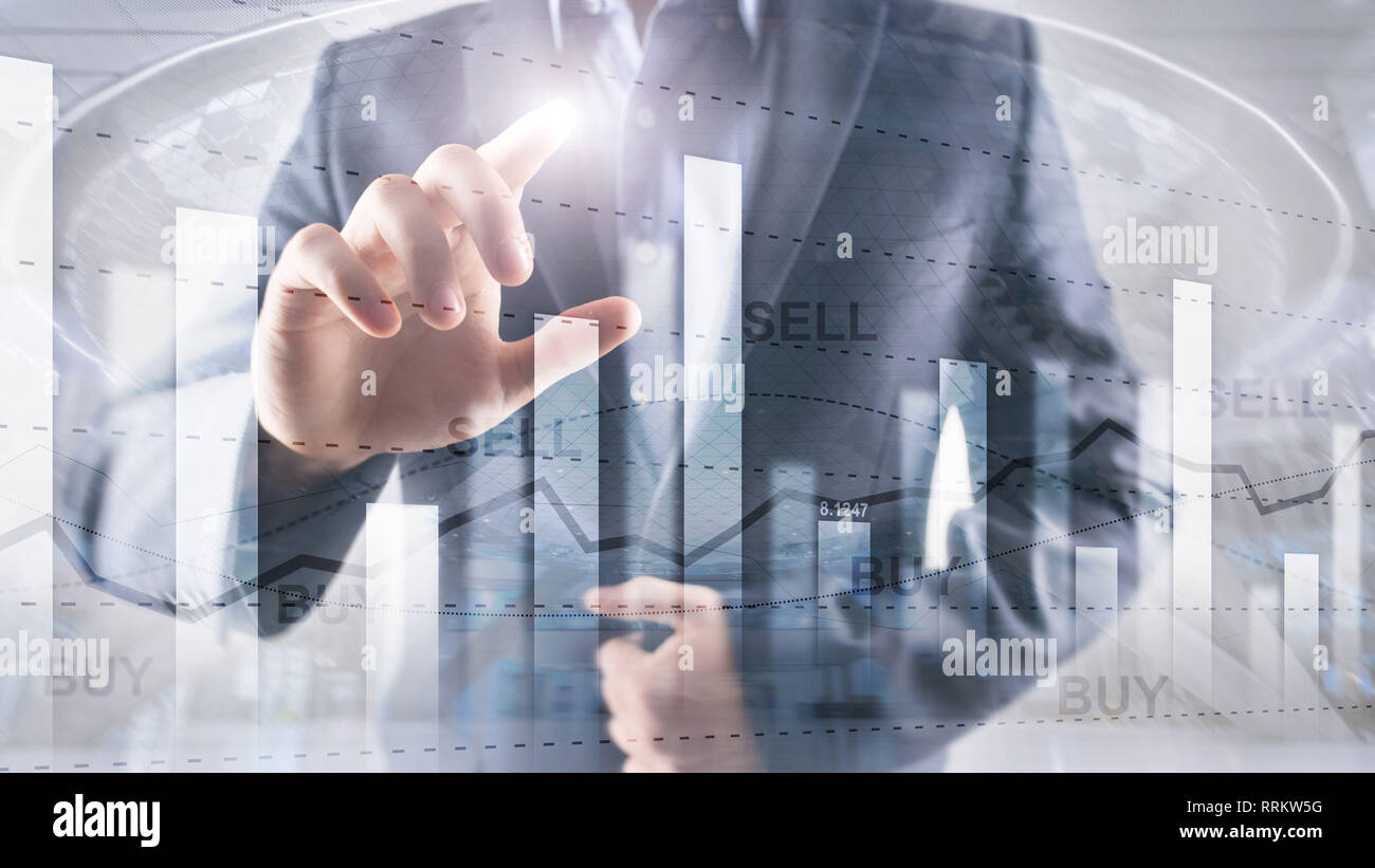 Financial stock trading graph chart diagram business finance concept double exposure mixed media Stock Photo