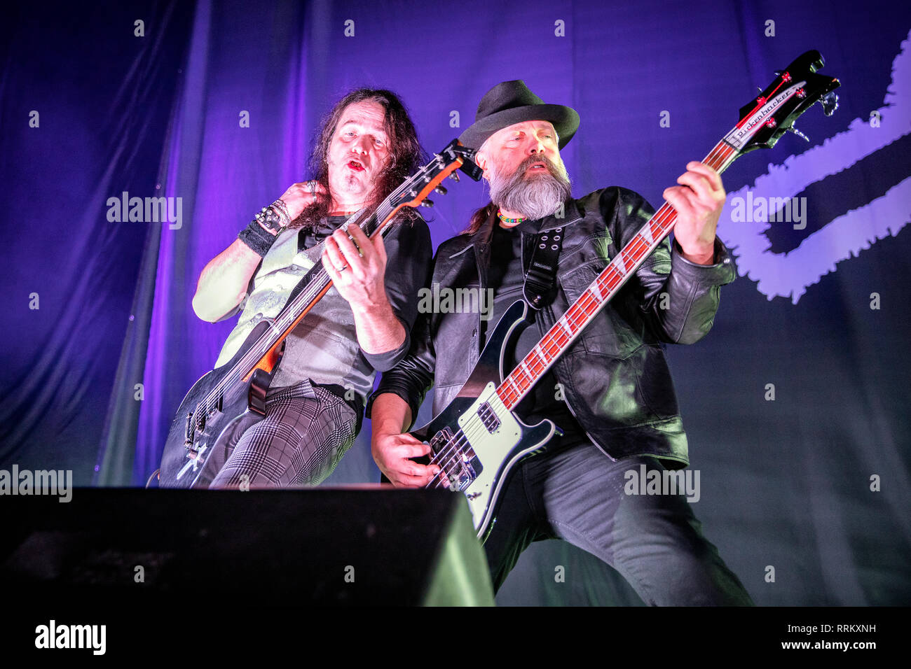 Norway, Oslo - February 21, 2019. The Swedish doom metal band Candlemass performs a live concert at Oslo Spektrum in Oslo. Here guitarist Mats Björkman is seen live on stage with bass player Leif Edling. (Photo credit: Gonzales Photo - Terje Dokken). Stock Photo