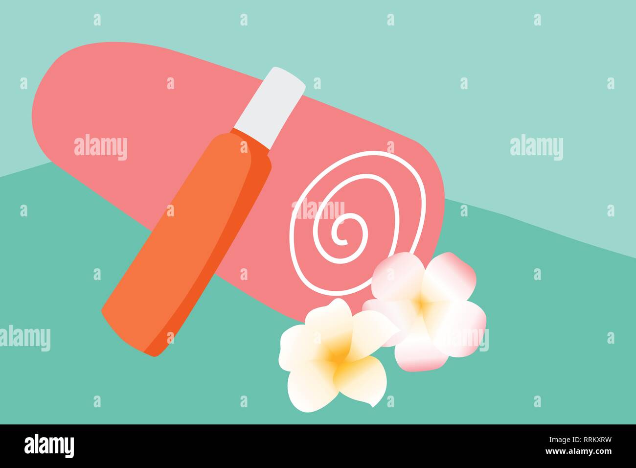 Vector Orange cotton towel and sunscreen body lotion in a orange tube on the background pool. Means for skin care, concept summer of relaxation and Stock Vector